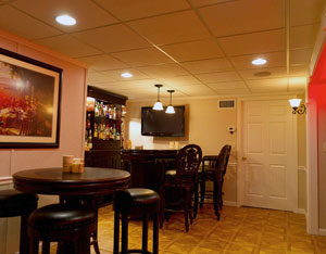 A finished basement TV room in Stamford